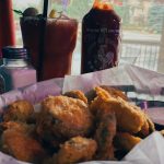 O'Michael's Pub & Grill Bloody Marys with basket of deep fried pickles.